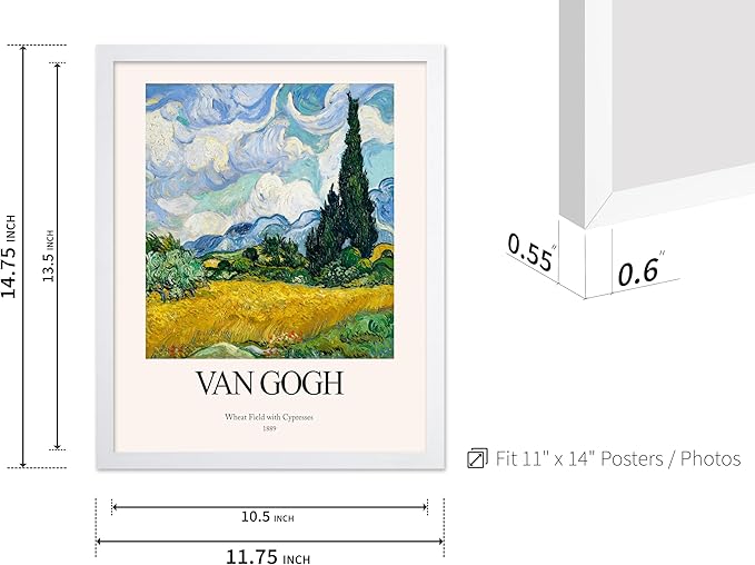 Monem Art Vintage Van Gogh Poster - Retro Impressionist Print - Wheat Field With Cypresses, Trees, Sky, Landscape - Gift for Artist, Friend - Wall Decor for Home, Office, 11x14 White Framed