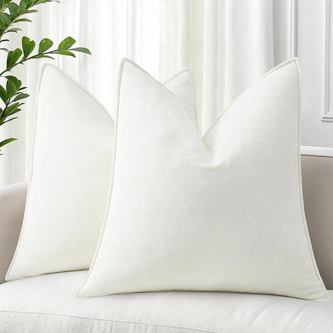 decorUhome Spring Couch Euro Sham Throw Pillow Covers 24x24 Set of 2, Decorative Soft Velvet Neutral Chenille Pillow Covers with Elegant Design for Sofa Bed Living Room Home Decor, Cream White