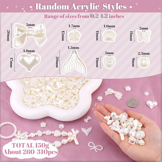270-320PCS TINKRSTUFF Assorted Acrylic Beads,ABS Imitation Pearl Beads Cute Beads for Bracelet Making, Bow Kawaii Charms, Aesthetic Bead for Necklace Keychain Jewelry Making DIY Keychain Phone Charm