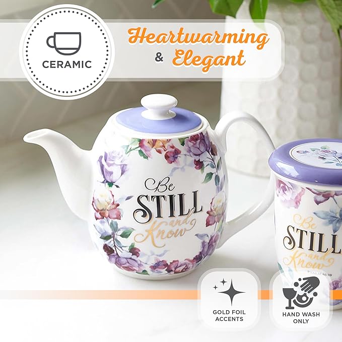 Christian Art Gifts Women's White Ceramic Teapot for One: Be Still and Know - Psalm 46:10 Inspirational Bible Verse, Novelty/Vintage Purple Rose Flower w/Golden Foil for Hot & Cold Liquids, 32 oz.