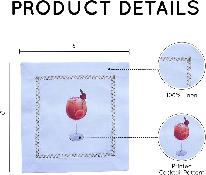 Cocktail Napkins Set of 6, 6x6 inch, 100% Pure Cotton, Unique Printed Patterns, Reusable & Washable Napkin Coasters for Beverages, Parties & Everyday Use (Tropical Fruit Cocktail)