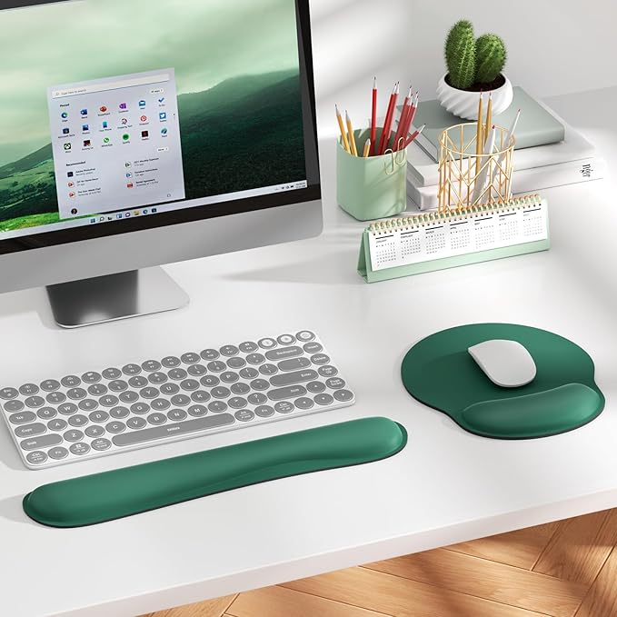 KTRIO Ergonomic Keyboard Wrist Rest, Memory Foam Mouse Pad with Wrist Rest for Computer Keyboard, Mouse Pad Set for Easy Typing & Pain Relief for Office & Home, Forest Green