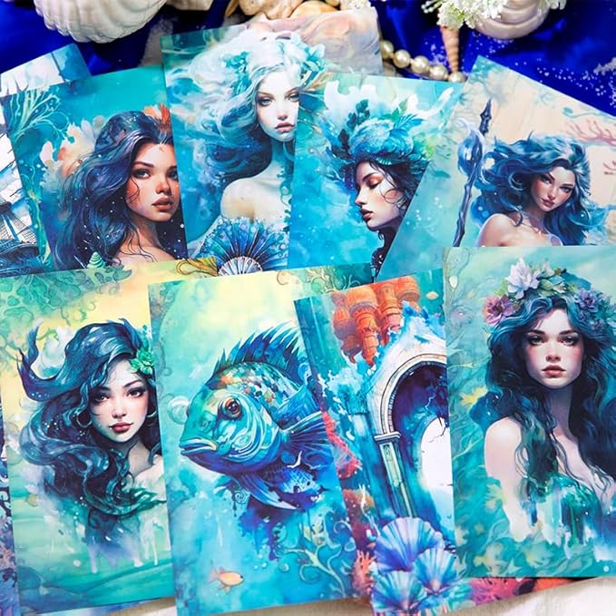 Yoksas 180 Sheets Vintage Ocean Mermaid Mythology Scrapbook Paper - Fantasy Undersea Junk Journals Decorative Cardstock for Posters,Card Making,Scrapbook Craft Supplies