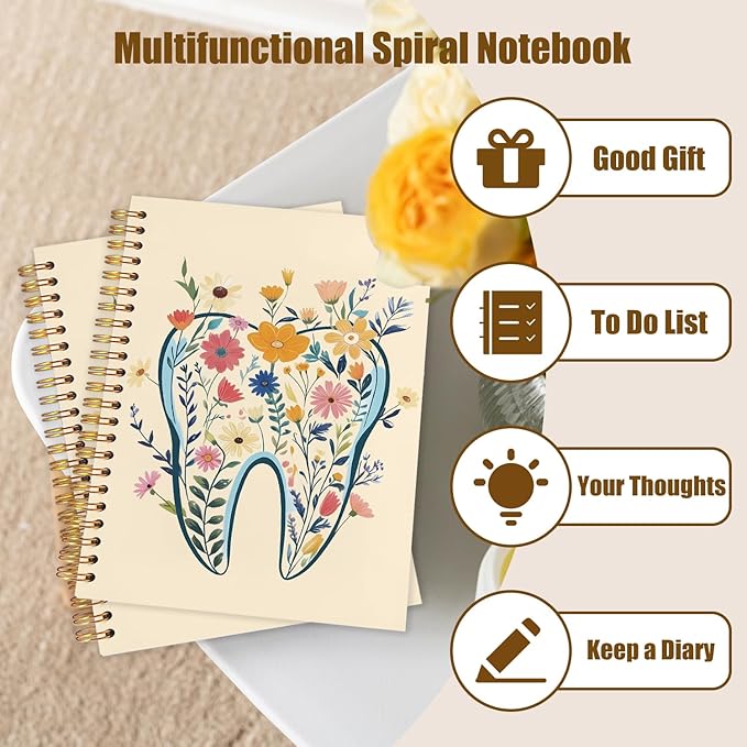 WUCHJ Dentist Gifts Notebook Journal, Dental Assistant Office Gifts for Women, Yellow Floral Tooth Dental Spiral Notebook Journal for Note Taking, Dentist Office Supplies, 5.5x8.3 Inch