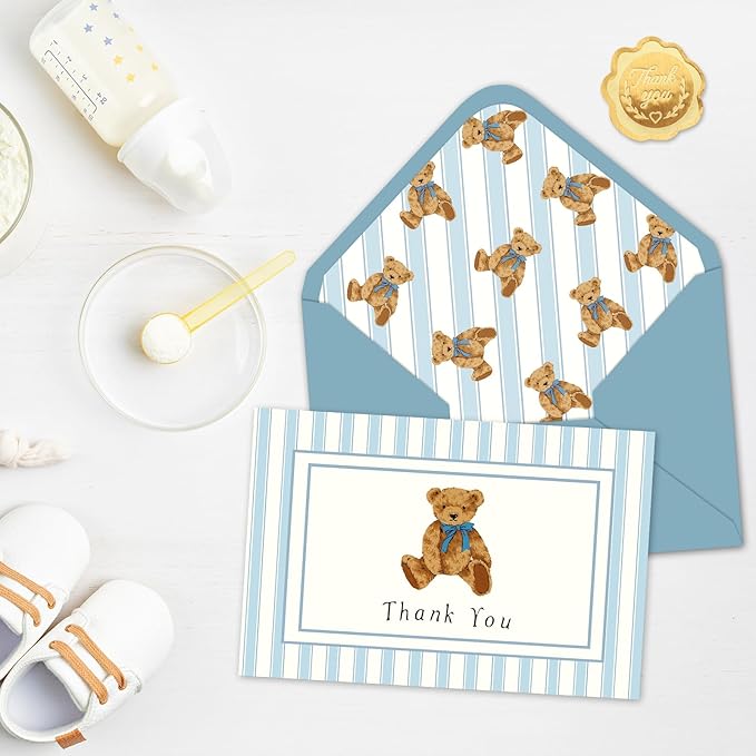 JarThenaAMCS 24 Pack Bear Thank You Cards Blue Stripe Bear Greeting Cards with Envelopes Stickers Cute Blank Note Card for Birthday Baby Shower Party Supplies, 4 x 6 Inch