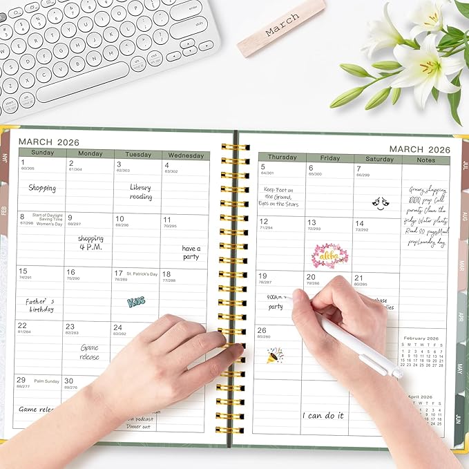 GuassLee Large 2026 Planner, Weekly and Monthly Planner from January 2026-December 2026, 8.5"x 11" Aesthetic Greenery Agenda Book with Back Pocket, Stickers, Coated Tabs, A4 Size