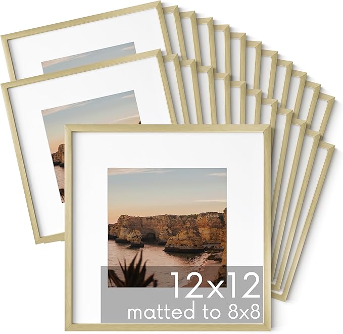 HAUS AND HUES 12x12 Gold Metal Picture Frames Matted to 8x8 - Premium Aluminum with Hanging Hardware, Shatterproof Plexiglass - Ideal for Home or Office (12x12 in, Gold, Set of 25)