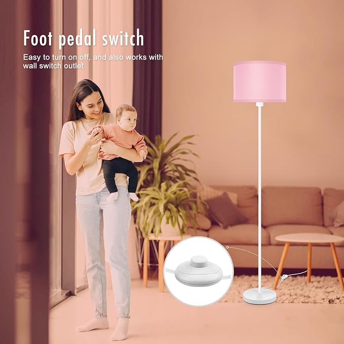 Floor Lamps, Standing Lamp, 58" Tall Floor Lamp with Pink Lampshade, Foot Pedal Switch, Modern Bright Floor Lamps for Living Room/Bedroom/Classroom/Kids Room, Pink Light for Girls' Gift(NO Bulb)