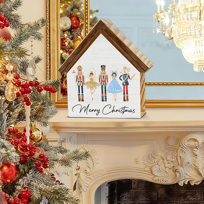 Nutcracker Christmas Decor, Merry Christmas House Shaped Wooden Sign, Nutcracker Decorations for Home Office Desk Table Shelf