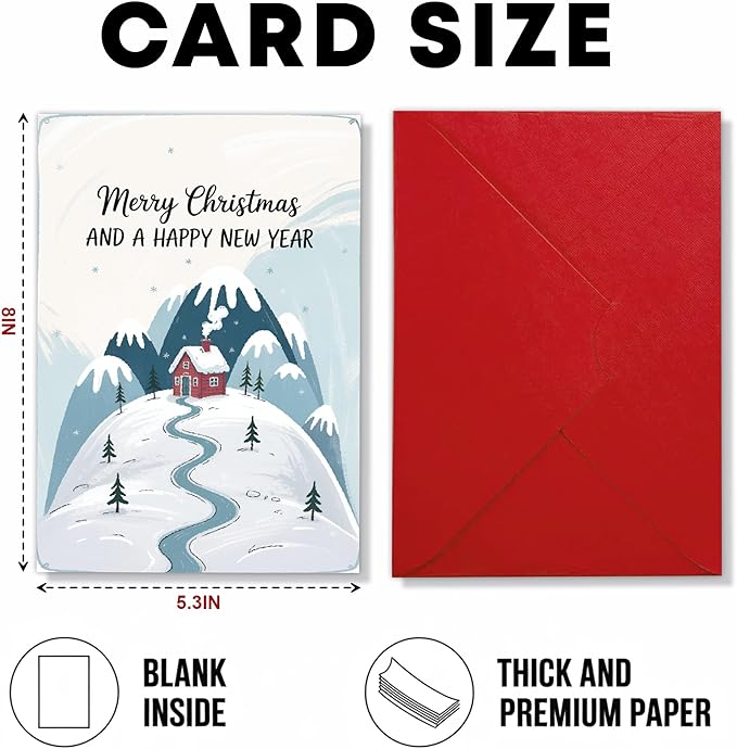 (5.3x8in) Merry Christmas and a Happy New Year Card, Cozy Winter Cabin in Snowy Mountain Design, Classic Holiday Greeting for Family, Friends, Coworkers, or Neighbors Card with Envelope (Xmas New)
