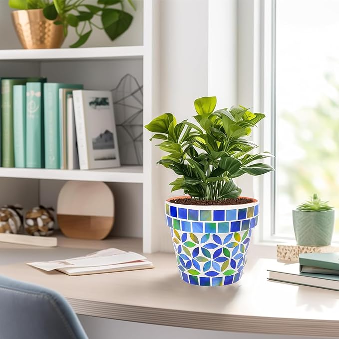 Small Mosaic Plant Pot Flower Pots Ceramic Planter with Drainage Hole Small Ceramic Pot for Indoor Outdoor Plants Succulent Pots Blue with Flower Design