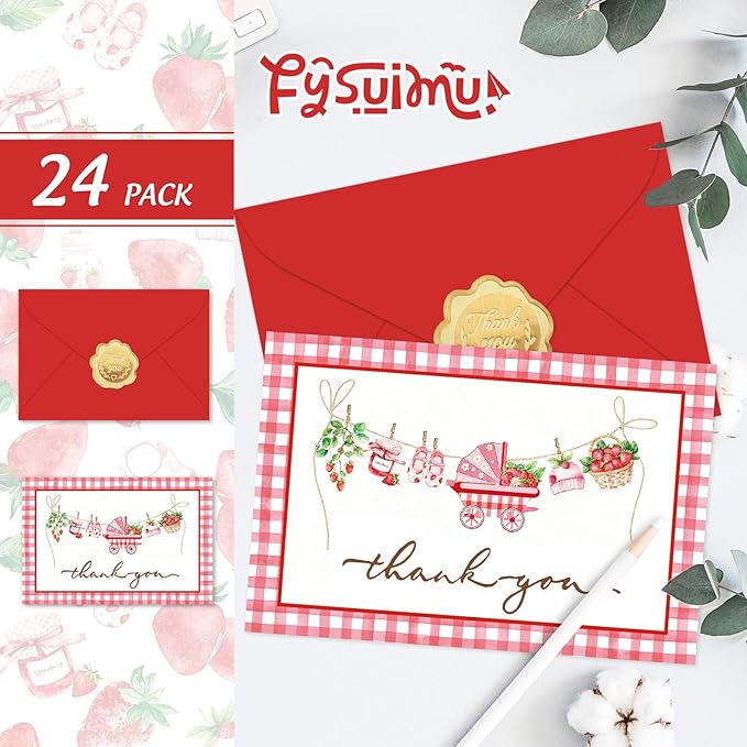 24 Pack Strawberry Baby Shower Thank You Cards Greeting Cards Plaid Blank Note Card with Envelopes Stickers for Girl Birthday Gender Reveal, 4 x 6 Inch