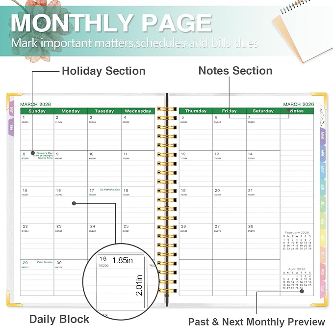 GuassLee Large Planner 2026, Weekly and Monthly Planner from January 2026-December 2026, 8.8"x11.4" Aesthetic Agenda Book with Back Pocket, Stickers, Coated Tabs, A4 Size