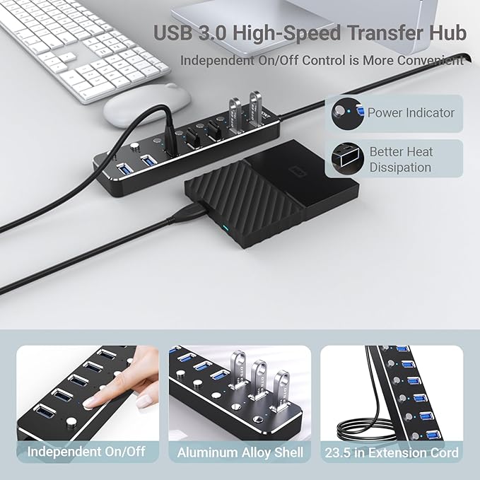USB 3.0 Hub 7 Port USB Hub with 2ft Long Cable Aluminum USB Hub for Laptop and PC with Individual On/Off Switch and LED Indicator