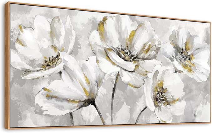 arteWOODS Flowers Framed Wall Art - Gray White Flowers with Yellow Accents Canvas Pictures Wall Decor Botanical Painting Artwork Elegant Floral Prints Living Room Bedroom 48 x 24in Natural Wood Frame