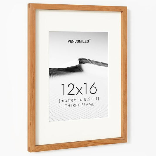 12x16 Picture Frame, USA-Sourced Natural Cherry Wood Photo Collage Frame with HD Tempered Glass, Modern Simple 12 x 16 Wooden Frame Matted to 8.5x11, Vertical & Horizontal Wall Hanging Display