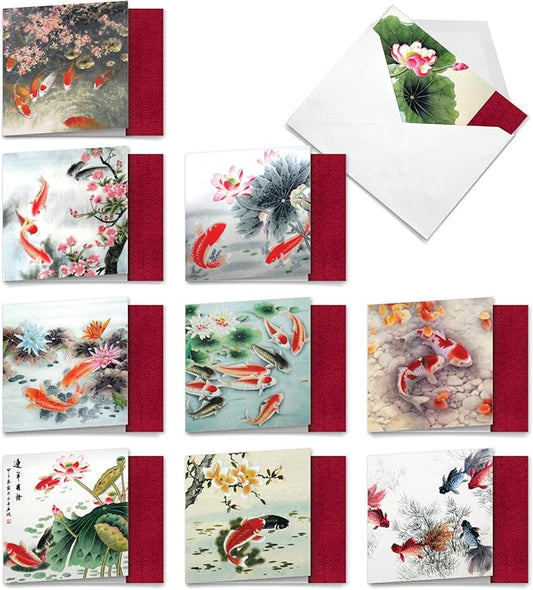 The Best Card Company - 10 All Occasion Blank Cards (4 x 5.12 Inch) - Nautical, Ocean, Sea Life Assortment of Notecards - On Goldfish Pond MQ4944OCB-B1x10