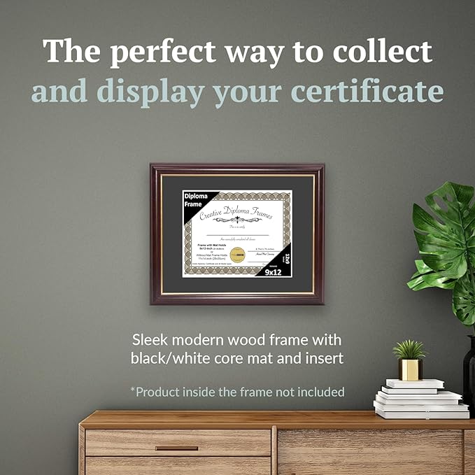 Creative Picture Frames 9x12 Mahogany Gold Rim Diploma Frame with Black Mat Glass Easel and Installed Wall Hangers | Frame Holds 11x14 Media without Mat