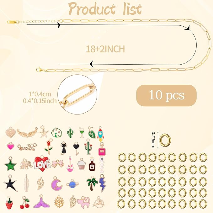 10PCS 18inch Gold Paperclip Charm Necklace for Women with 37PCS Charm 45PCS O-Rings for Jewelry Making Stainless Steel Filled 18K Gold Plated Adjustable Link Chain Necklaces