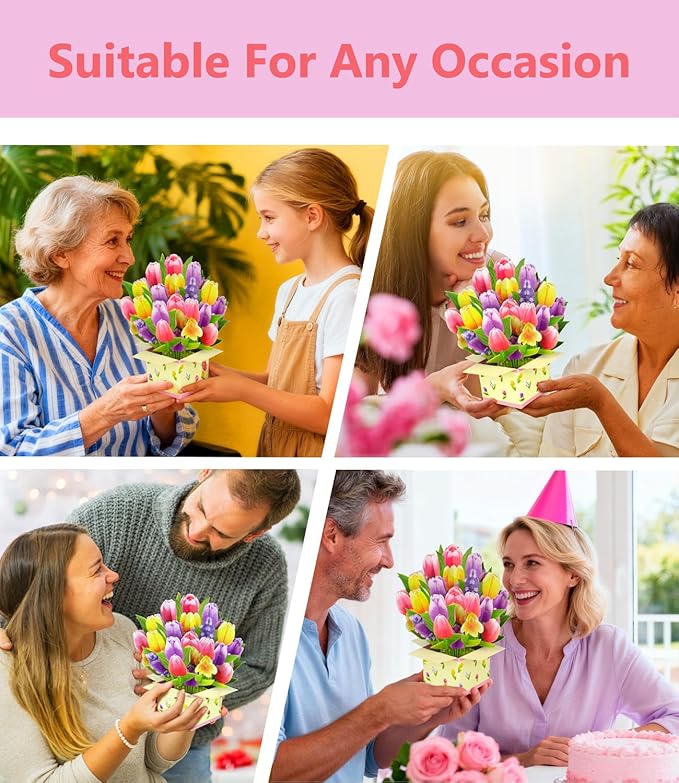 Colorful Tulip 3D Pop Up Spring Greeting Card for Mother’s Day Birthday Easter Anniversary Thank You Sympathy Get Well, Handmade Floral Bouquet for Mom, Grandma, Wife, Teacher, with Envelope and Blank Note Card
