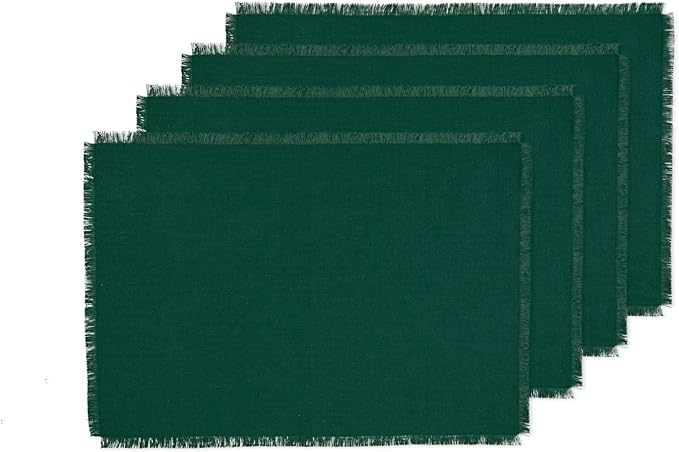 Solino Home Fringe Linen Placemats Set of 4 - Evergreen Placemats 14 x 19 Inch - 100% Pure Linen Table Mats for Winter, St Patricks Day - Handcrafted and Machine Washable