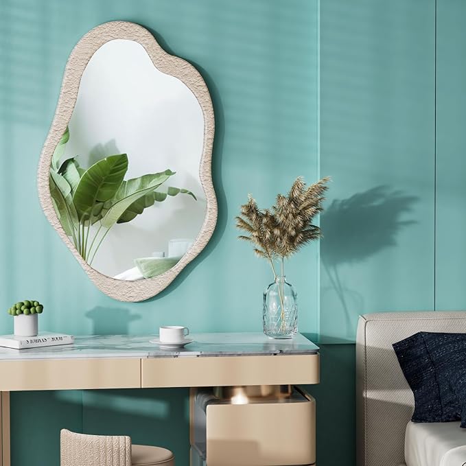 32"x 20" Wavy Cloud Mirror Irregular Wall Mirror with Wood Frame, Modern Decorative with Hanging Hooks, Asymmetrical for Bedroom Living Room Entryway Beige