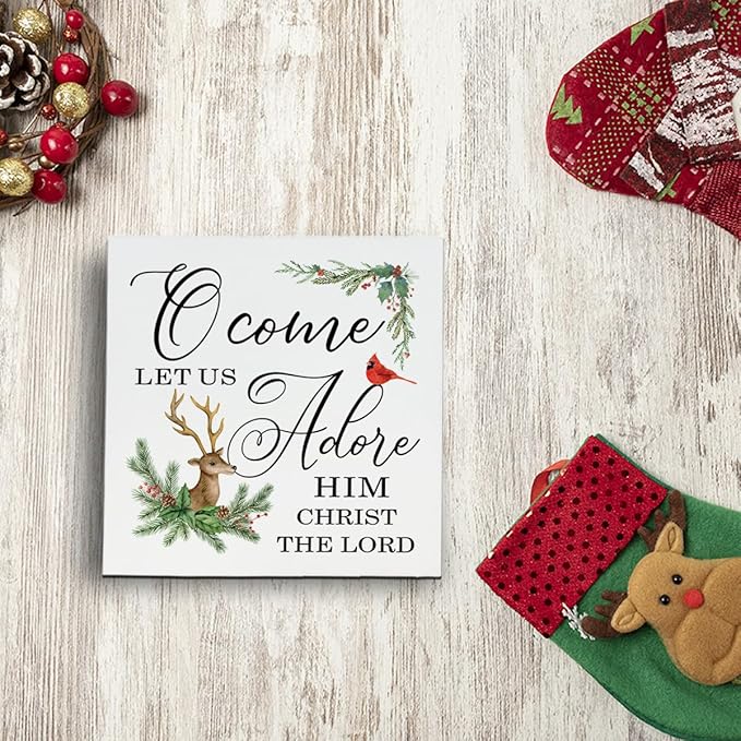 Christmas Christian Wooden Desk Decor Sign, Let Us Adore Him Christ The Lord Wooden Box Sign, Religious Holiday Home Plaque with Deer and Cardinal Design, Christmas Decor 5x5 Inches