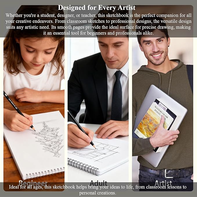 SuFly Sketch Book and Pencils Set, Sketching Kit Complete with 9x12 Sketch Book,4x6 Watercolor Postcards,Graphite Pencils (12B-4H), Charcoal Pencils (Hard, Medium, Soft), Sketching Supplies.