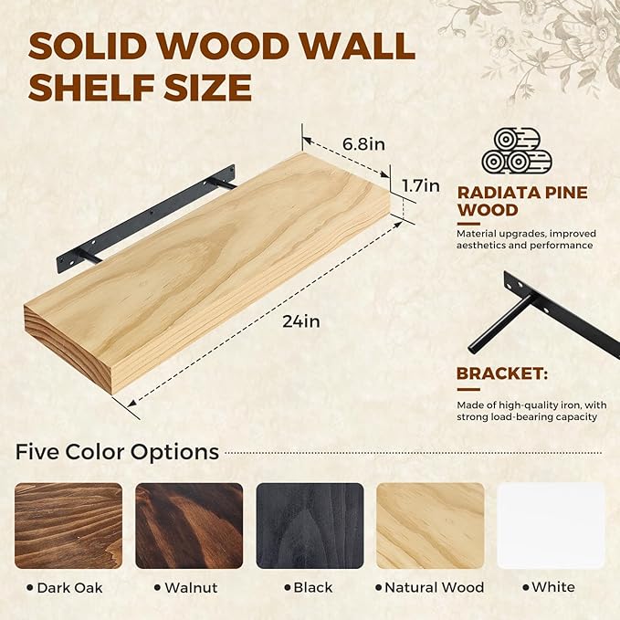 Floating Wall Shelves 24x6.8x1.7 Inch – Solid Wood Rustic Shelves in Natural Wood Finish – Wall Mounted Display Shelf for Bathroom, Kitchen, Bedroom – Set of 2