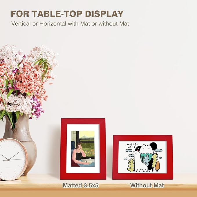 KINLINK 4x6 Frame Red, Solid Wood 4 x 6 Picture Frame with Acrylic Plexiglass for 3.5x5 with Mat, Tabletop and Wall Display Photo Frames 4x6 Red, 4 Pack