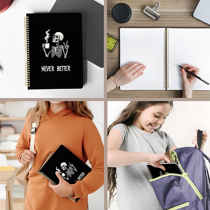 Cute Spiral Notebook journal A4 Aesthetic Pretty Design for Women Girls Kawaii with Pocket, 8.5 x 11 inch, Graph, Skeleton