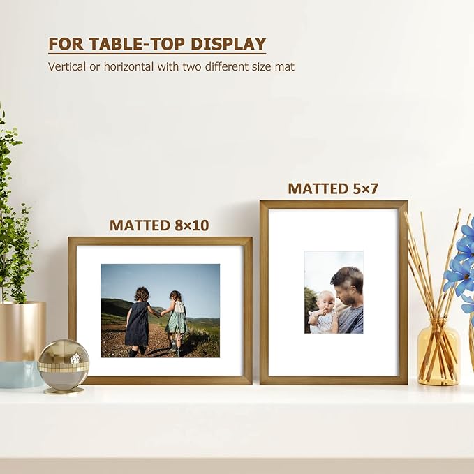 KINLINK 11x14 Picture Frame Brown, Solid Wood Frames with Acrylic Plexiglass for Pictures 5x7/8x10 with Mat or 11x14 without Mat, Tabletop and Wall Display, Set of 4