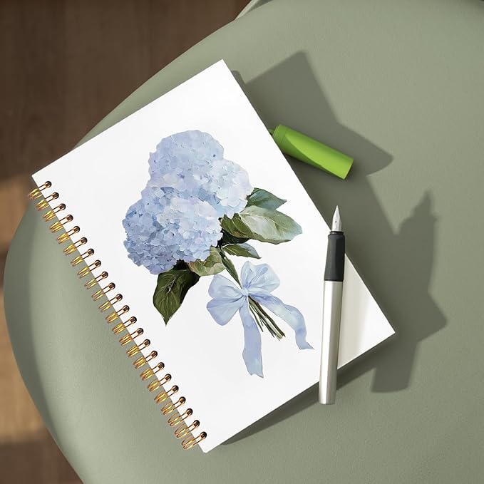 Coquette Bow Blue Hydrangea Notebook,Hydrangea Gifts, Aesthetic Hydrangea Flower Spiral Notebook Journal for Note Taking, Coquette Girly Office Supplies, 5.5x8.3 Inch
