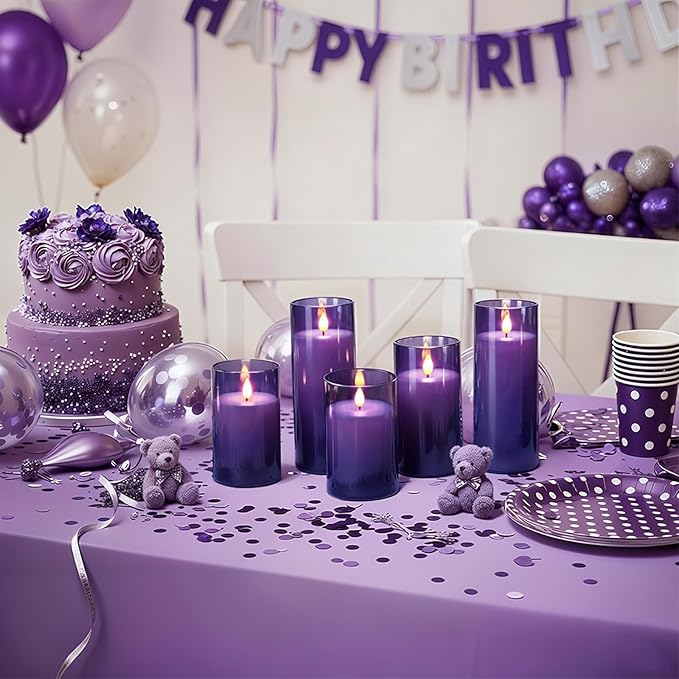 Homemory Purple Flickering Flameless Candles, Battery Operated Acrylic LED Pillar Candles with Remote Control and Timer, Purple Decor, Set of 5