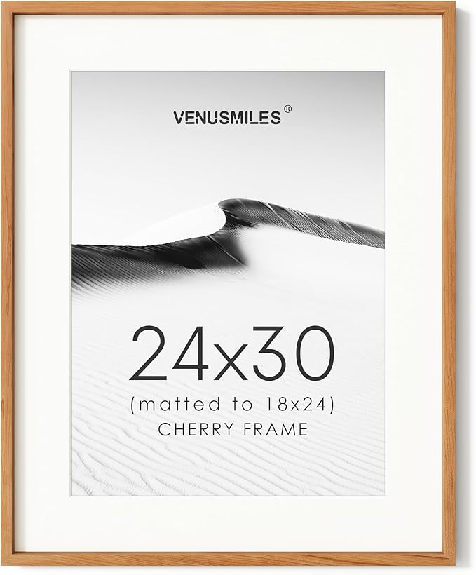 24x30 Poster Frame, USA-Sourced Natural Cherry Wood Picture Collage Frame with HD Tempered Glass, Modern Simple 24 x 30 Wooden Photo Frame Matted to 18x24, Vertical & Horizontal Wall Hanging Display