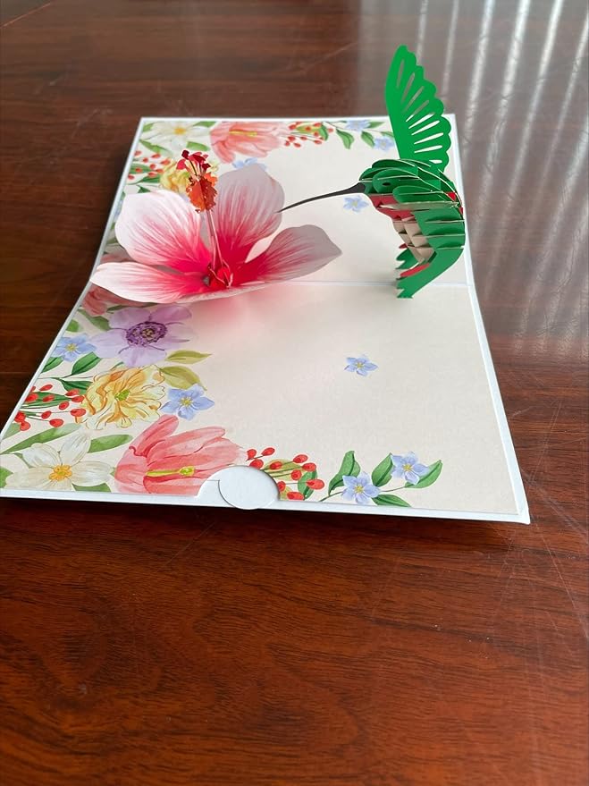 ETA 3D Pop Up Greeting Card – Hummingbird with Pink Hibiscus Flower, Handmade Nature & Floral Card, Birthday, Mother’s Day, Thank You & Garden Lover Gift with Envelope F35