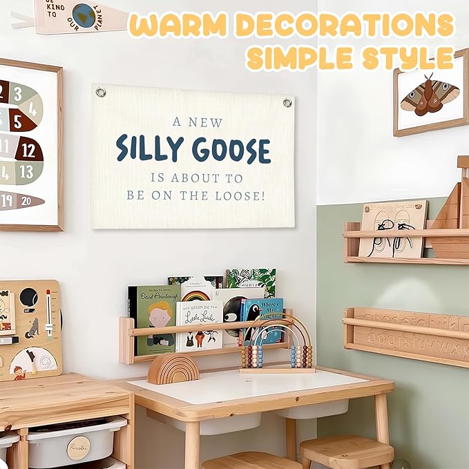 Silly Goose Kids Room Decor, A New Silly Goose Linen Canvas Banner, Blue Goose Nursery Wall Hanging for Boys Girls Room, Playroom Decor Banner Nursery Wall Art Boy Playroom Decor, 30x20 Inch