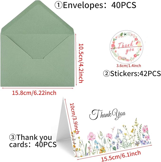 40 Pack Thank You Blank Note Cards, Elegant Floral Design Blank Greeting Card, with Envelopes & Stickers, For All Occason party, 6 x 3.9 in