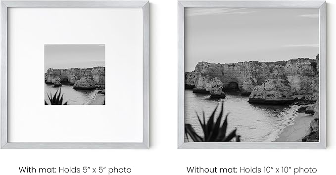 HAUS AND HUES 10x10 Silver Metal Picture Frames Matted to 5x5 - Features Premium Aluminum & Hanging Hardware, Shatterproof Plexiglass - Ideal for Home, Room, Office (10x10 in, Silver, Set of 25)
