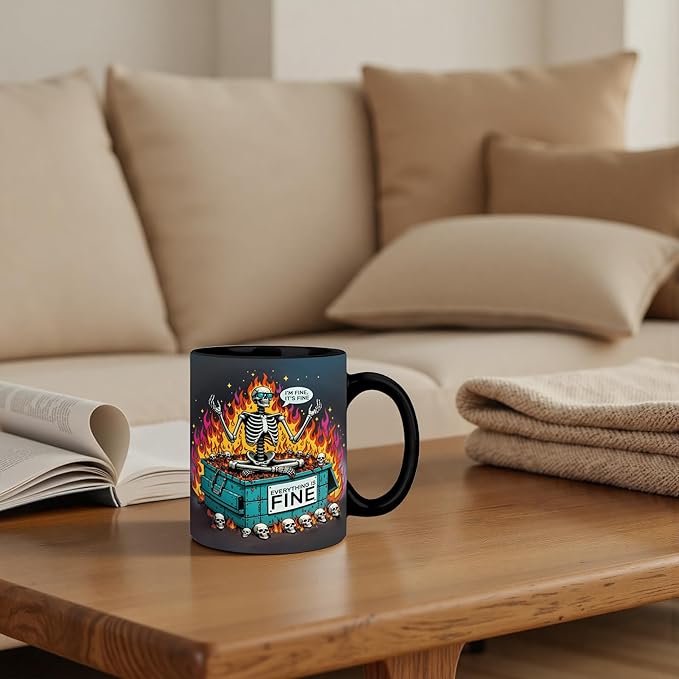 Funny Gothic Skeleton Mug 11 oz, Inspirational Gifts for Coworkers Coffee Cups Ceramic, Everything is Fine Motivational Ceramic Mug for Coffee Tea Hot Cocoa Home Office Work