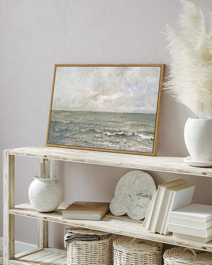 VIYYIEA Ocean Large Large Framed Wall Art, Seascape Vintage Art Decor Room Aesthetic, 16X24 Inch Canvas Print Artwork, Calming Landscape Painting Wall Decor for Bedroom Bathroom Office