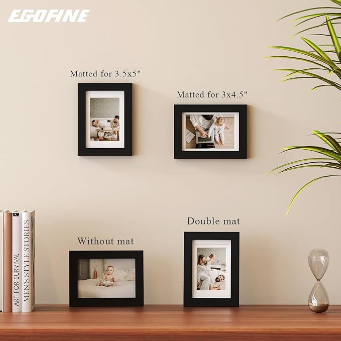 Egofine 4x6 Set of 6, Made of Solid Wood Covered by Plexiglass 3x4.5 and 3.5x5 with Mat or 4x6 without Mat, for Table Top Display and Wall Mounting Photo Frame, Black