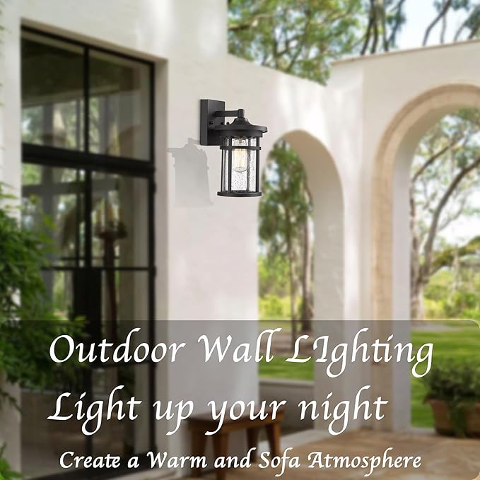 Casia Outdoor Wall Sconces, Exterior Wall Lantern, Farmhouse Porch Lighting Fixture, Front Door Mounted Lights, Outside Lighting Lamp for Patio, Porch, Garden,Balcony (Black, 12" H)