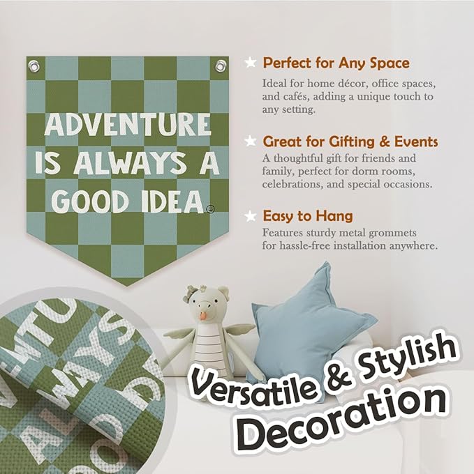Boys Room Decor – Adventure Linen Pennant, Sage Green Canvas Triangle Flag, Wall Hanging Banner for Toddler Boy Nursery & Playroom, 14.5x12.6 in