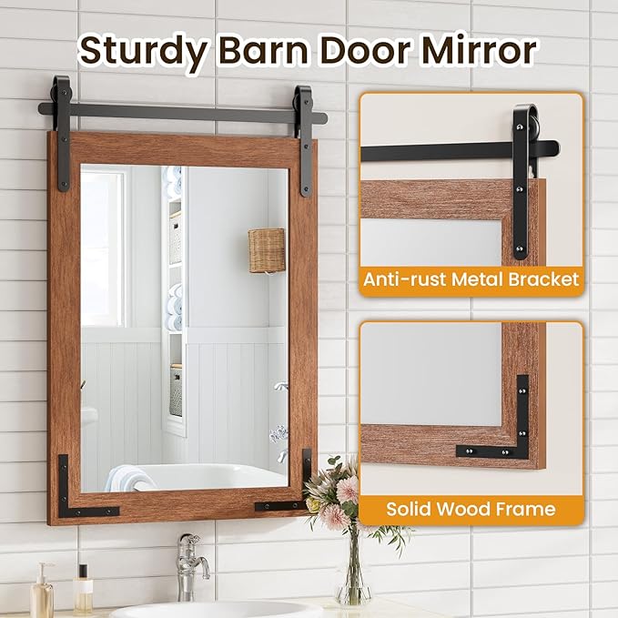 22x30 Inch Brown Farmhouse Barn Door Mirror with Solid Wood Frame, Shatterproof Glass, No Assembly Required – Perfect for Farmhouse Style Decor