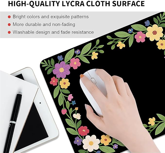 Square Mouse Pad Flower Border, Personalized Premium-Textured Custom Mouse Mat Design, Washable Mousepad Cloth, Non-Slip Rubber Base Computer Mouse Pads for Wireless Mouse