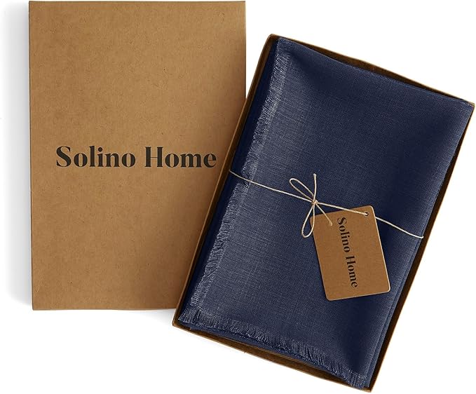 Solino Home Navy Blue Linen Napkins Set of 4-100% Pure Linen Cloth Washable Dinner Napkins 20 x 20 Inch for Winter - Fringe