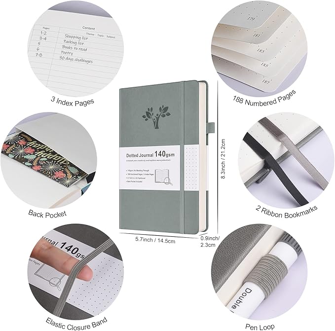 Bullet Dotted Journal Kit, 140gsm Hardcover A5 Dotted Journal with 188 Numbered Pages and 3 Index, 12 Brush Pens Dual Tip, 10 Stencils and 14 Washi Tape for Women Men Teen Girls, Gray