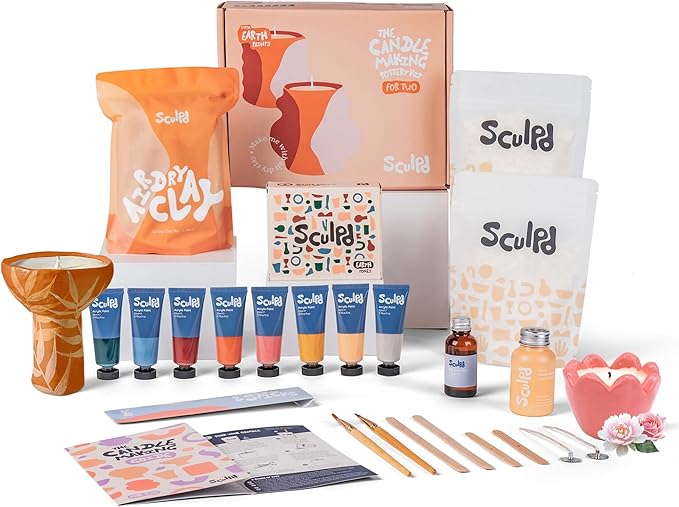 Sculpd Candle Making Pottery Kit for Adults with Air Dry Clay and Acrylic Paint Set, Non-Toxic Eco Soy Wax, Scented Fragrance Oil, Candle Glaze, Tools & Guide, 2 Candles, Peony Rose with Earth Tones