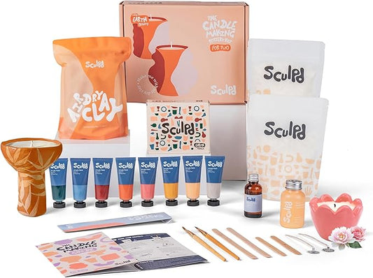 Sculpd Candle Making Pottery Kit for Adults with Air Dry Clay and Acrylic Paint Set, Non-Toxic Eco Soy Wax, Scented Fragrance Oil, Candle Glaze, Tools & Guide, 2 Candles, Peony Rose with Earth Tones